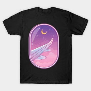 Airplane Window View - Crescent Moon - Pink T-Shirt